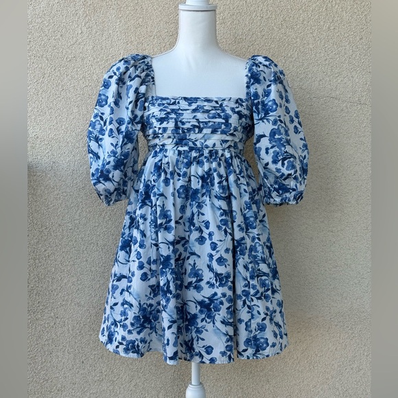 Abercrombie & Fitch Emerson Blue White Floral Puff Sleeve Mini Dress Babydoll S - Picture 13 of 14